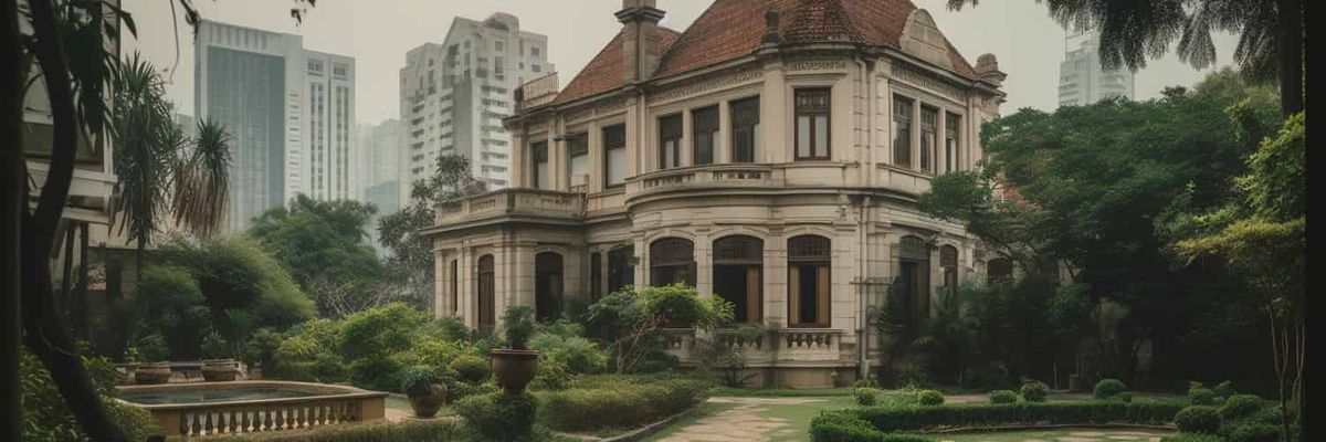A mansion with a tidy garden surrounded by derelict skyscrapers.