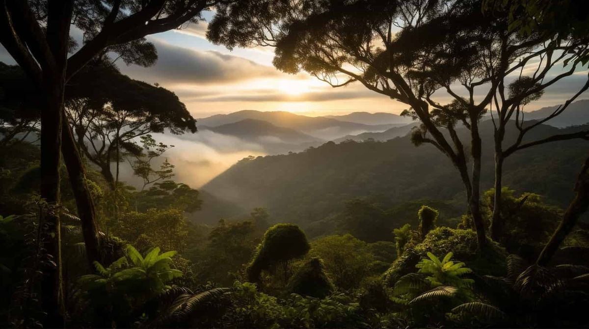 An AI generated image of what looks like the Atlantic Forest, if you don't look too hard. Early morning sunlight sends shafts