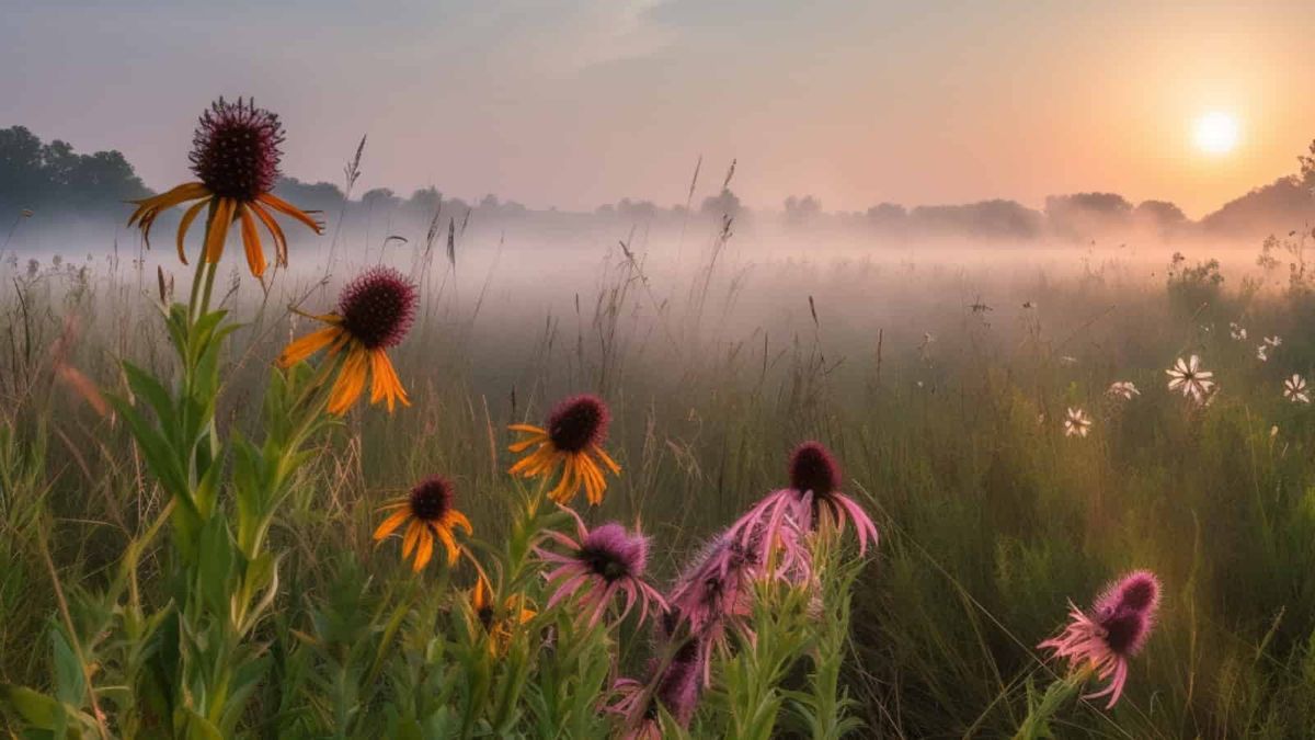 A burning computer-generated prairie.