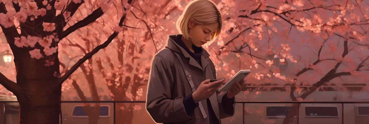 Une botaniste examine son smartphone sous un arbre en fleurs.