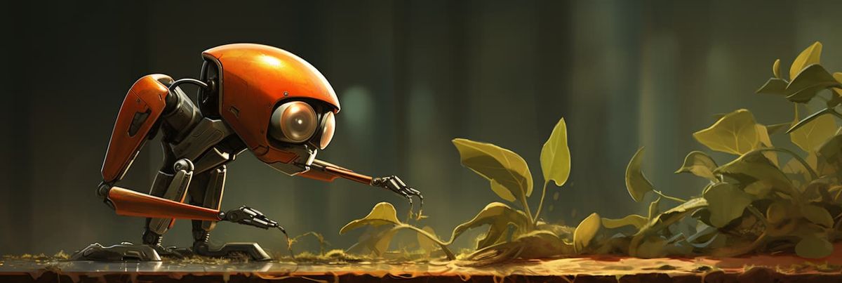 A digital robot measures computer-generated seeds.