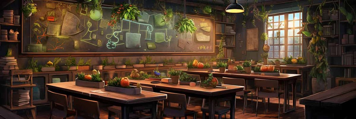 Digitale Pflanzen in einem computergenerierten Klassenzimmer, Lernmaterial auswendig.