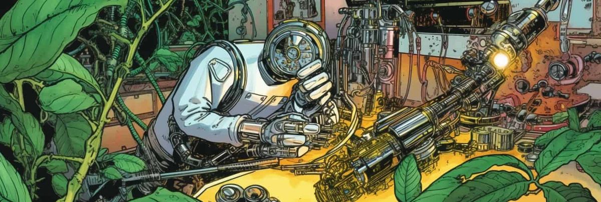 Um robô gerado por computador no estilo da ficção científica pulp dos anos 1960 cria uma folha.