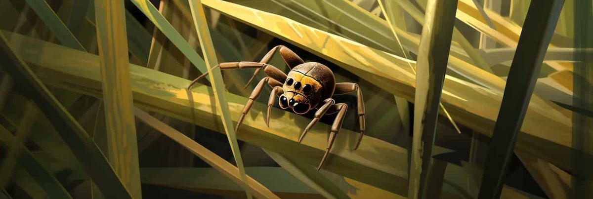 Uma aranha digital senta-se no bambu gerado por computador.