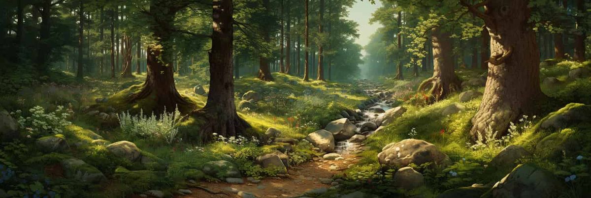 A meandering digital path through a computer-generated forest.