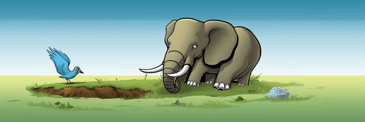 Un dessin animé d'un éléphant qui n'est pas un mastodonte et d'un oiseau bleu qui n'est pas un logo X.