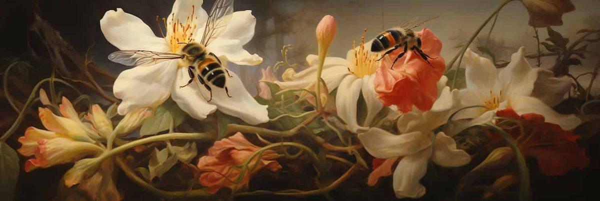 Polinizadores gerados por computador visitando flores digitais.