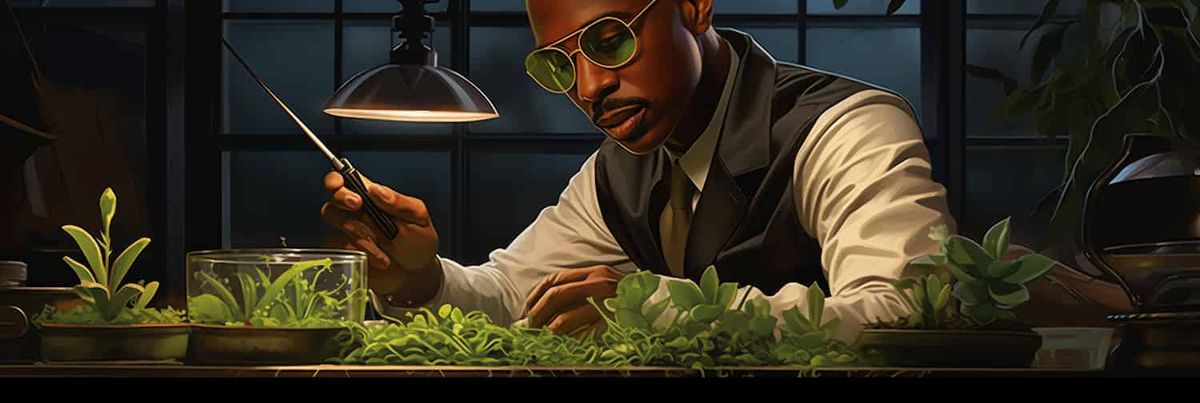 MC Hammer en un laboratorio botánico examina una planta y descubre que, de hecho, puede tocarla.
