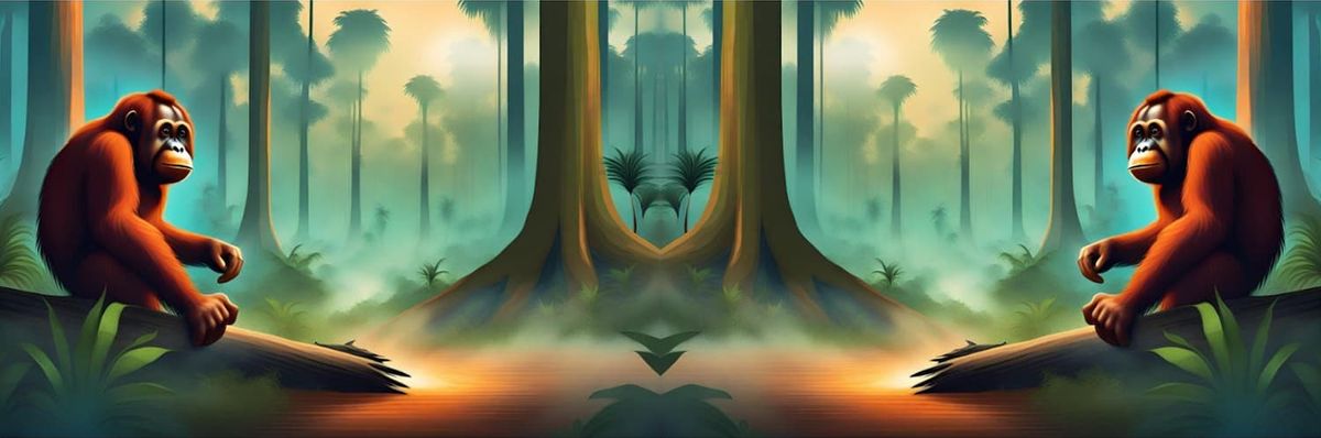 Dos orangutanes reflejados generados por computadora miran con tristeza la deforestación en un bosque digital.