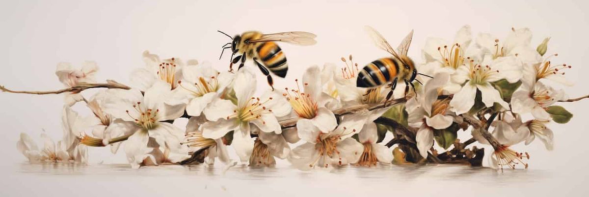 Una abeja digital poliniza por zumbido una flor generada por computadora.