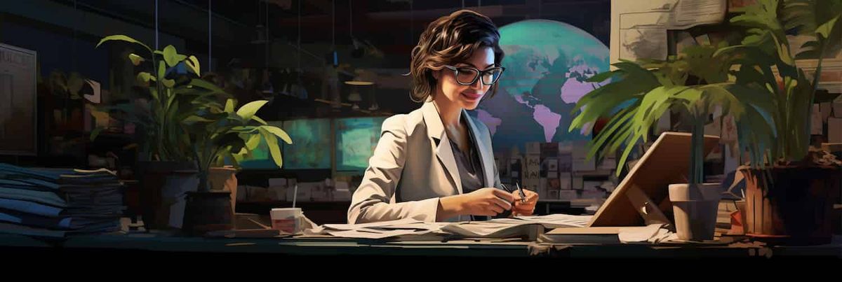 A digital woman reading computer-generated botany news