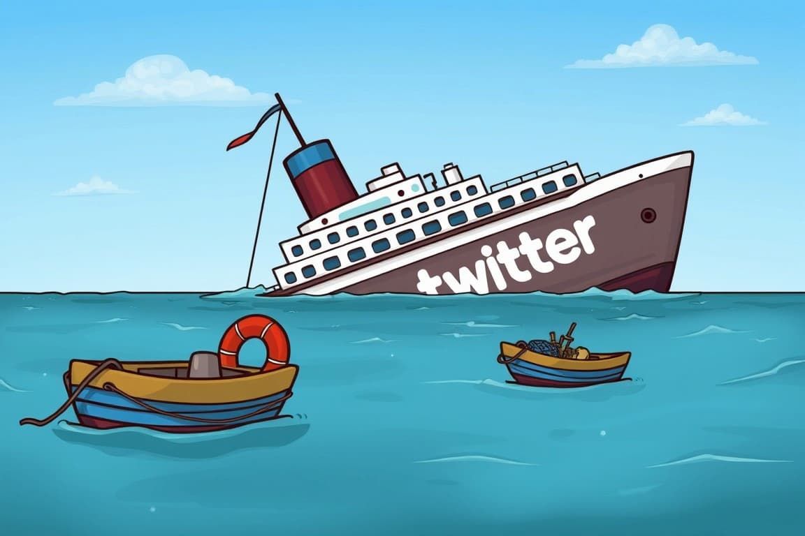 A ship marked Twitter sinks as lifeboats drift away.