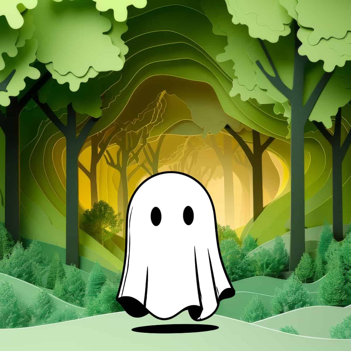 A ghost floating in a cardboard forest.