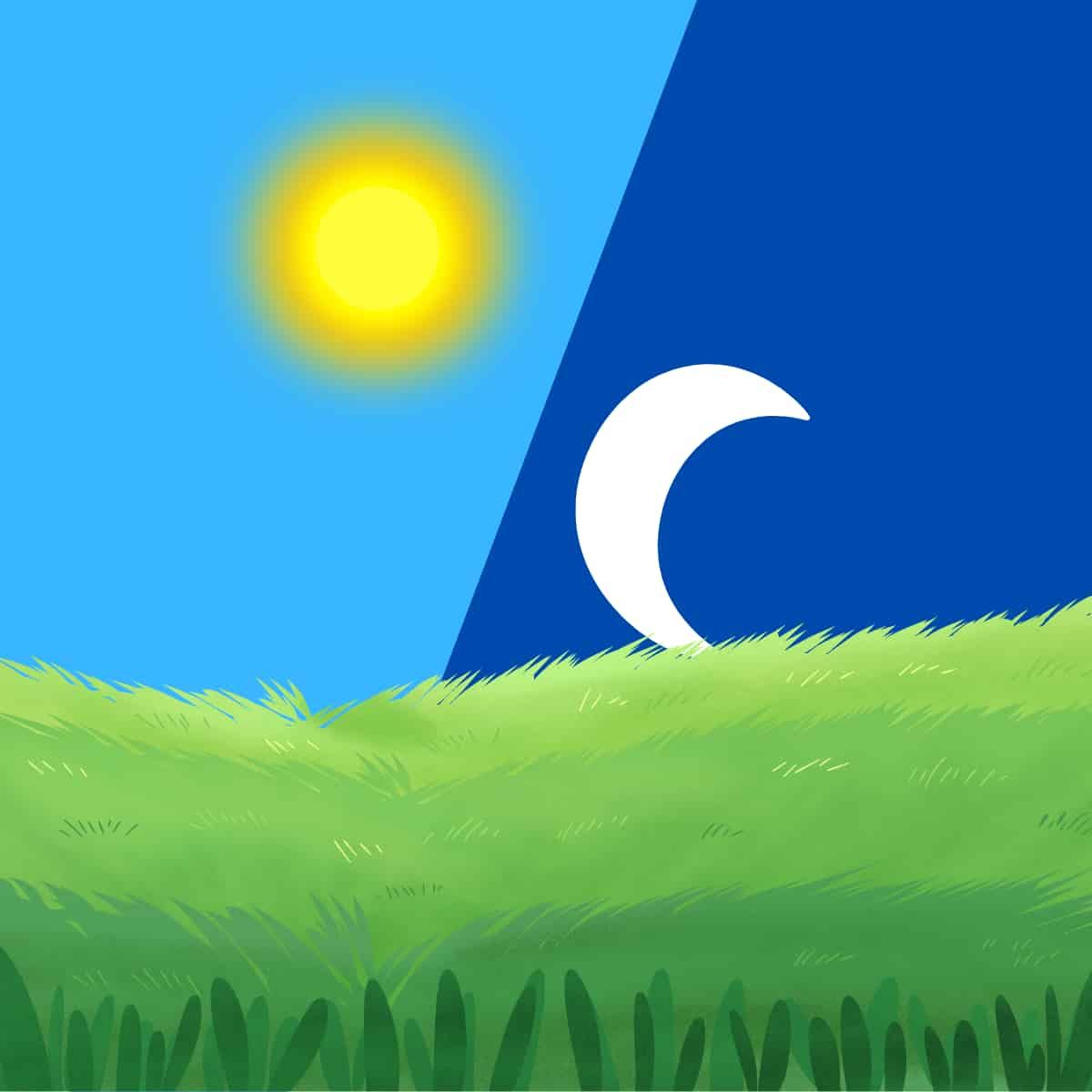 A graphic of a sun and moon in opposition, indicating the difference between night and day for the equinox