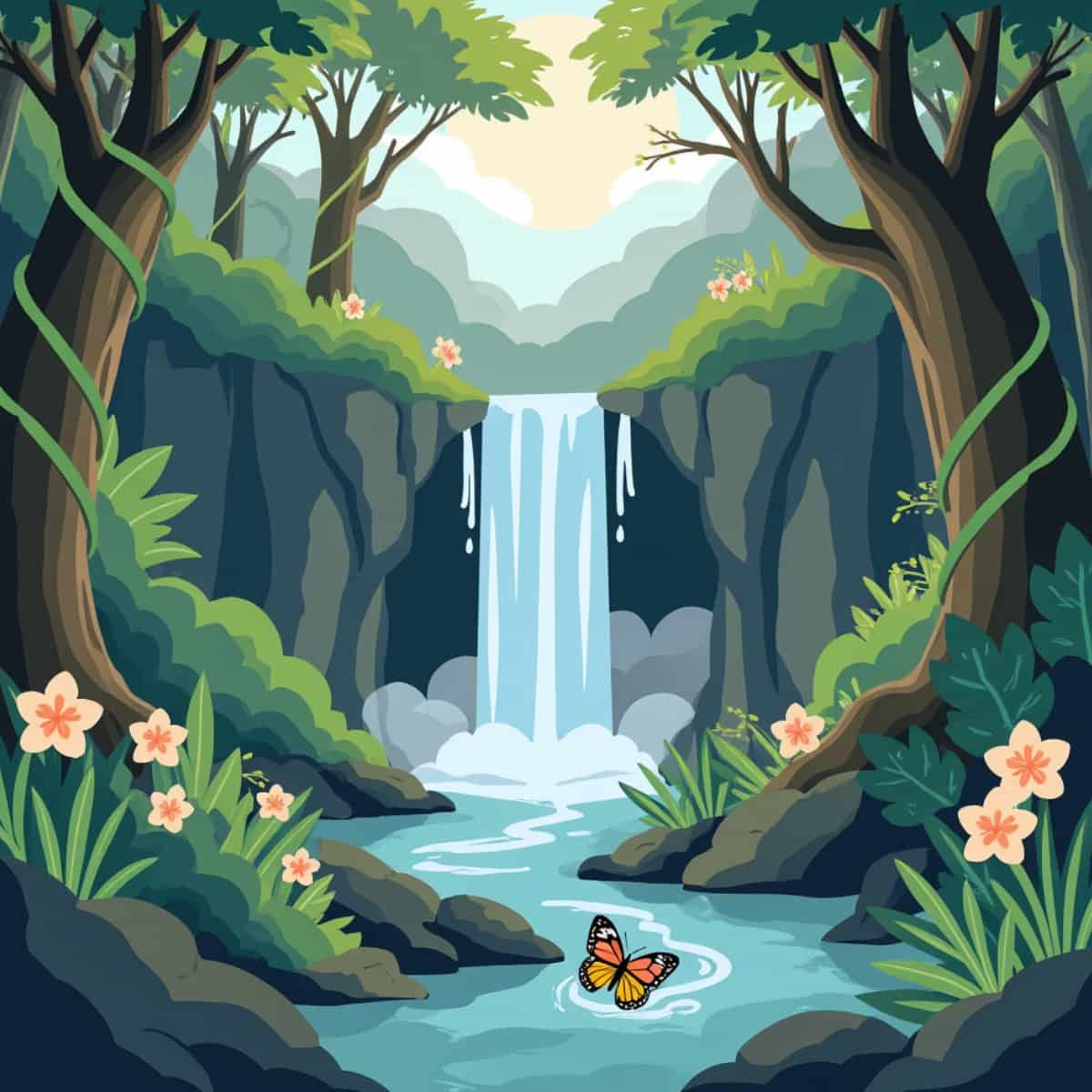 A simple image of a forest with a waterfall.