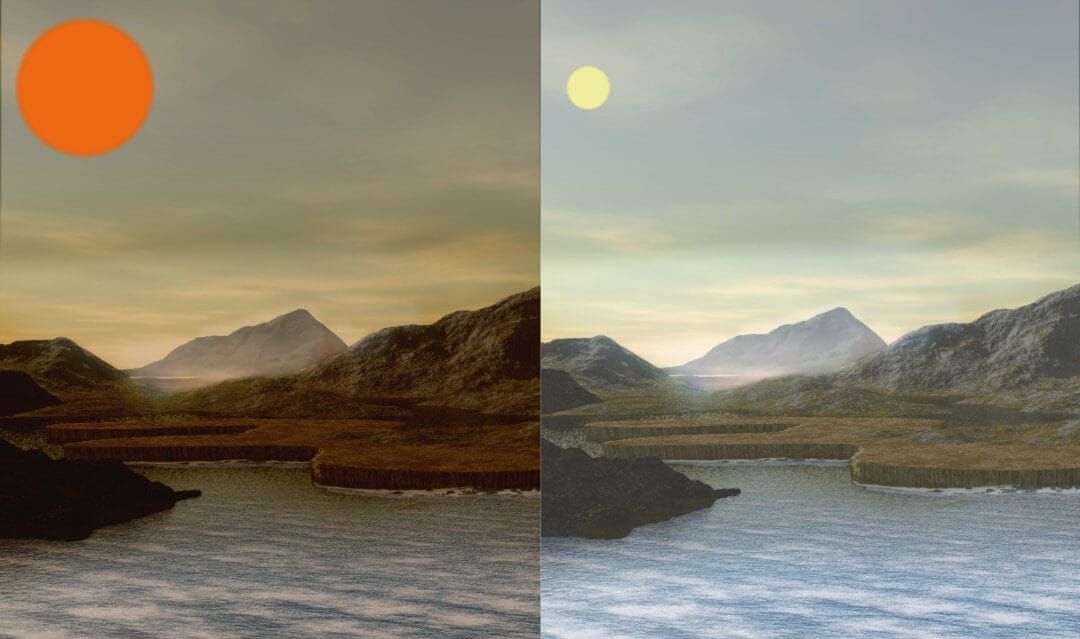 Artists impressions of a habitable planet around M-dwarfs (left) and primordial Earth (right)