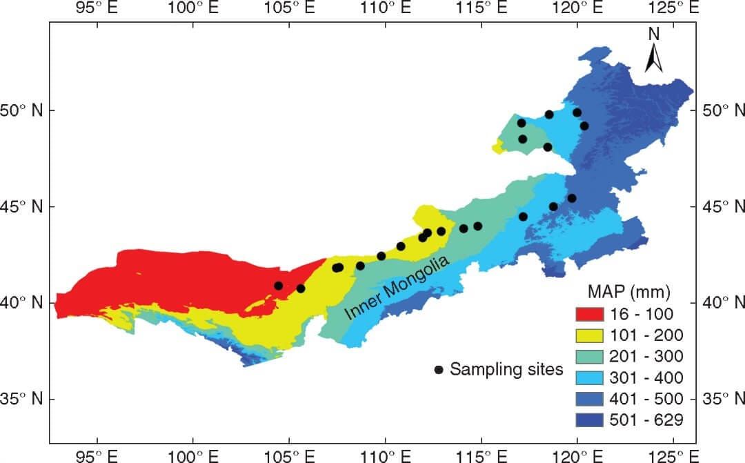 Distribution of sampling sites in the temperate steppe of northern China.