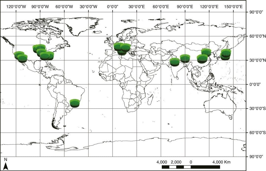 The location of FACE studies included in the assessment.
