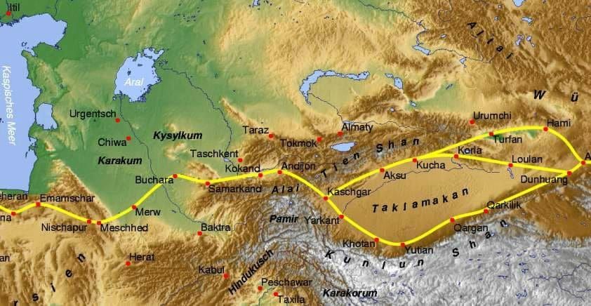 Map of the Silk Road crossing the deserts and Eurasian Steppe in Central Asia