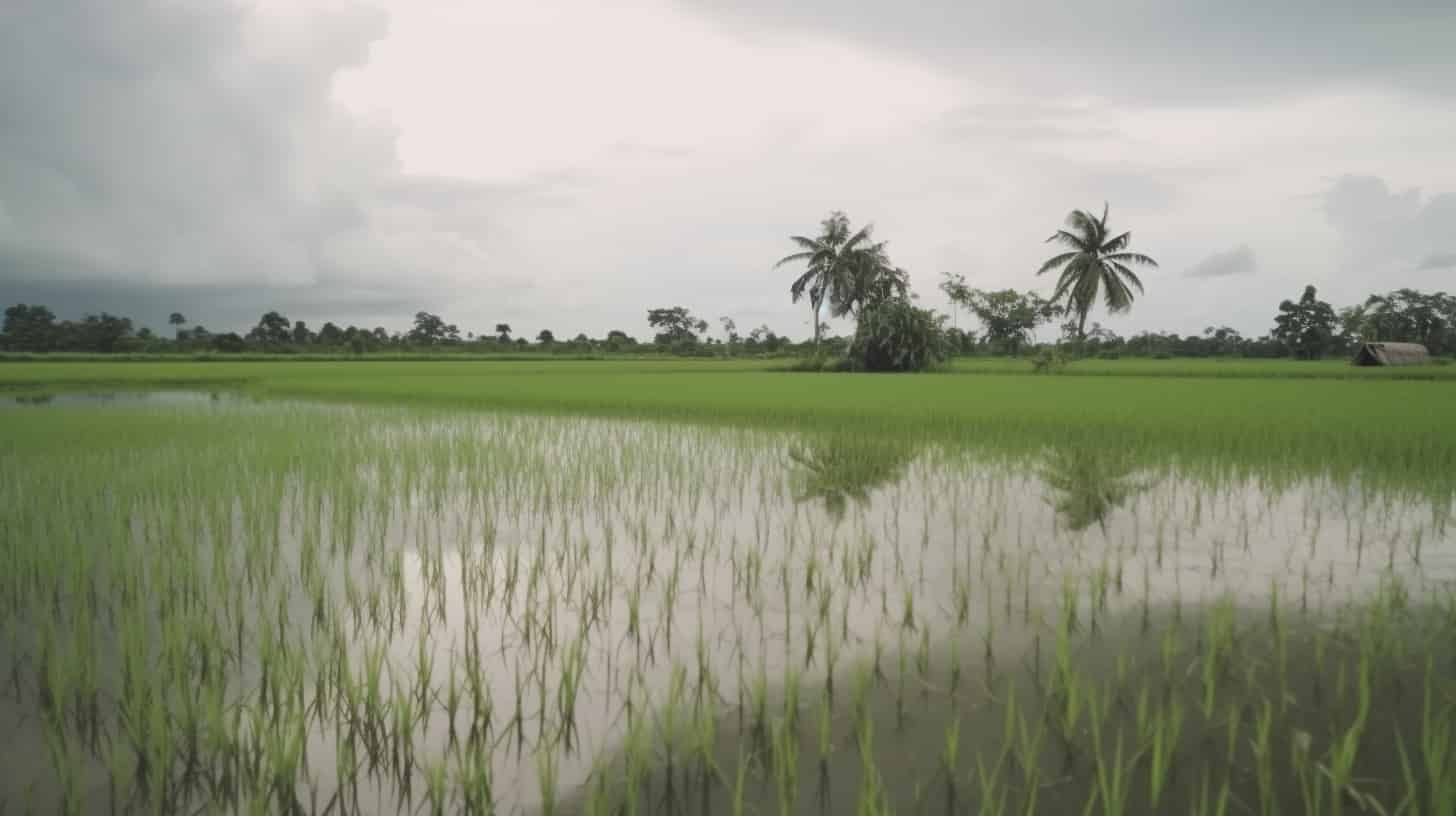 Computer generated rice in a paddy field.