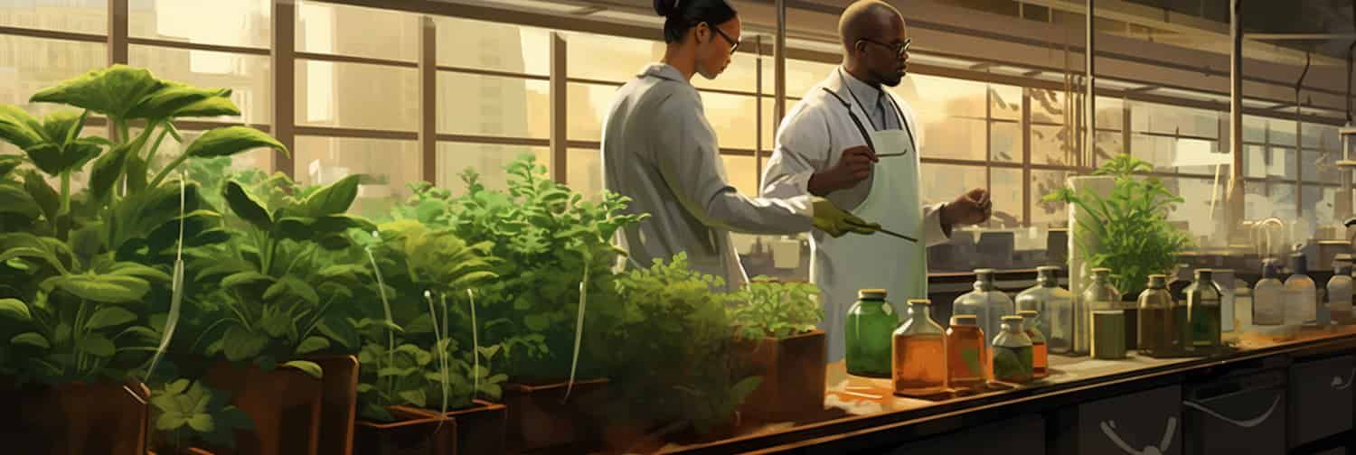 A digital painting of soy plants being examined in a laboratory by an ethnically diverse team.