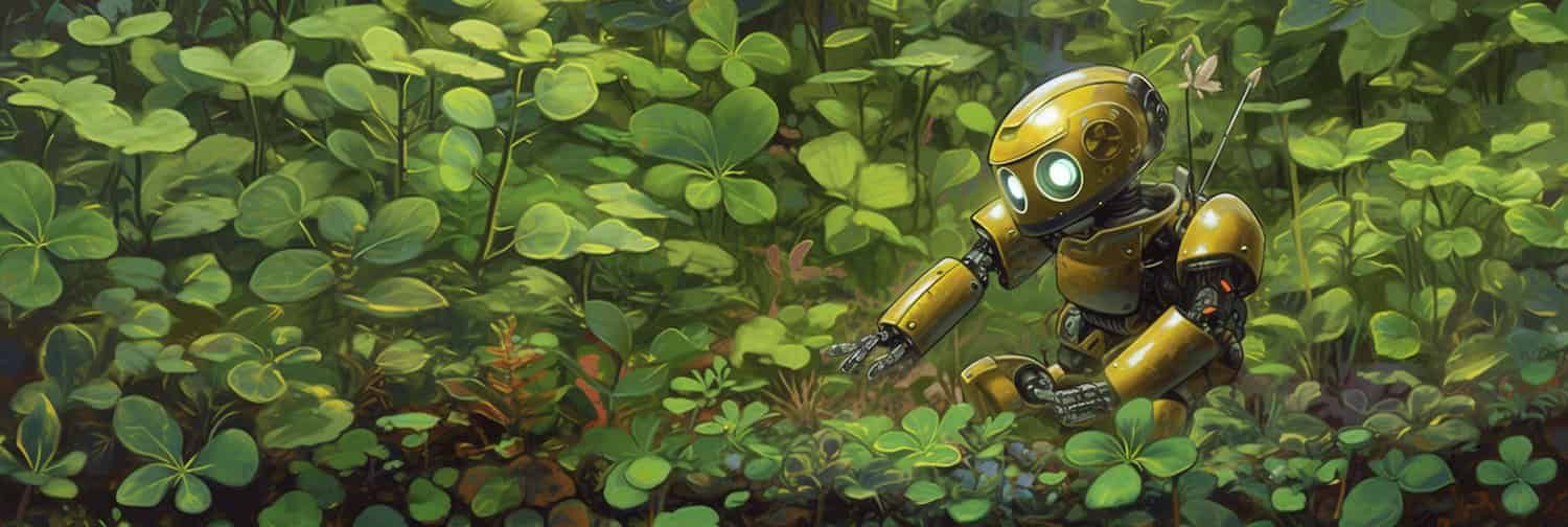 A digital painting of a robot measuring myrtle leaves