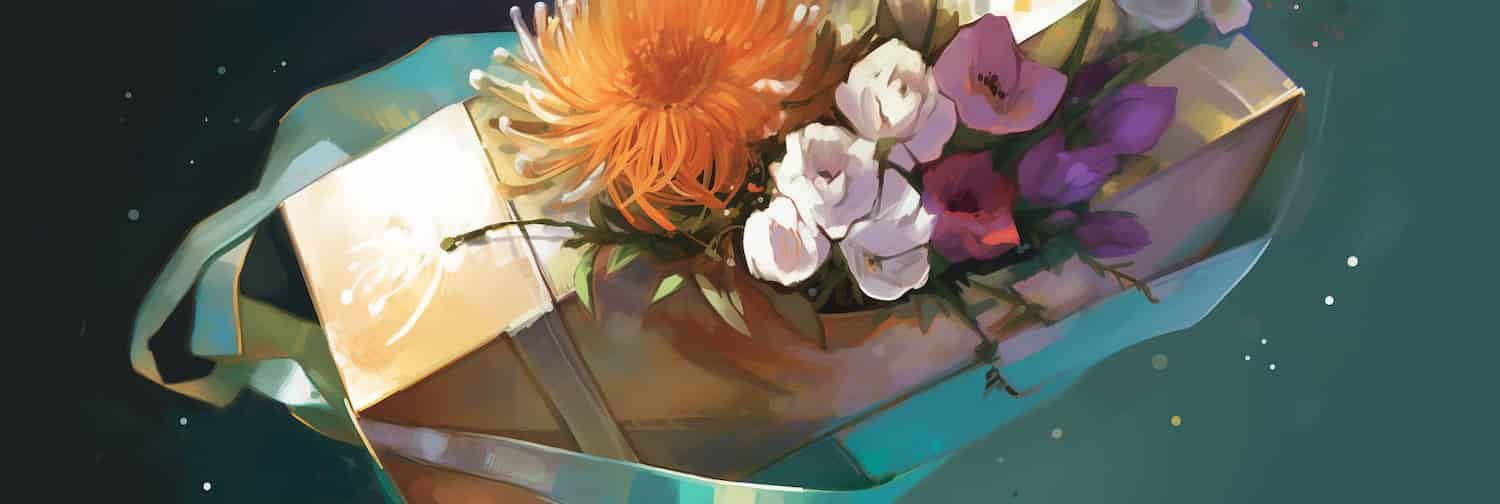 A digital painting of packages and flowers