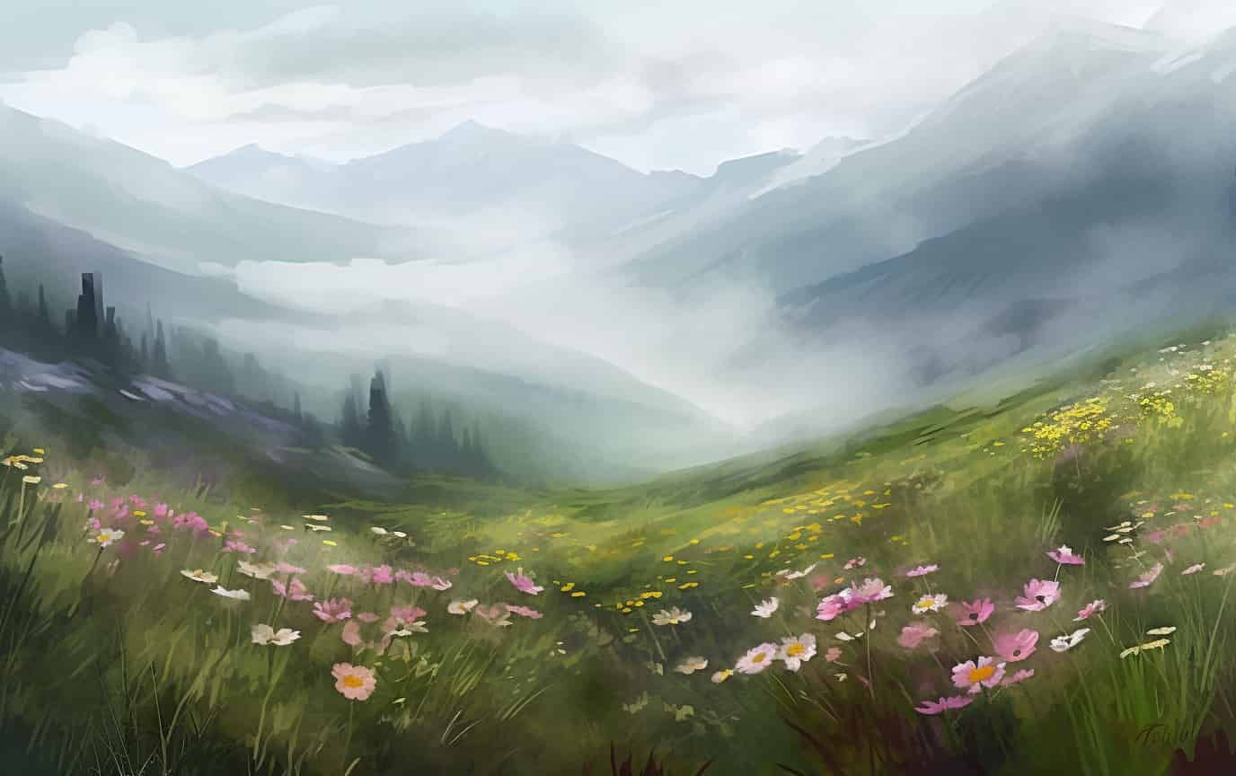 Digital painting of an apline meadow with many flowers and a haze of nitrous oxide low above the ground.