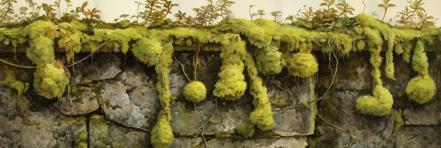 A botanical painting of computer-generated moss on a wall.