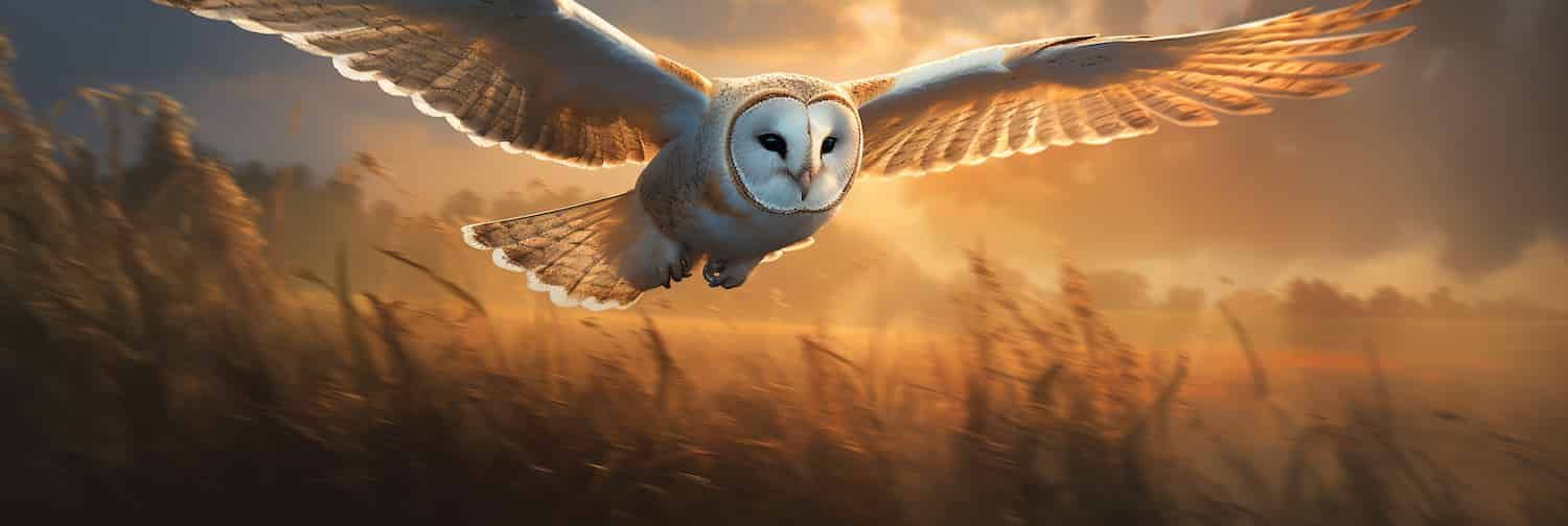 A computer-generated barn owl flies over a digital field.