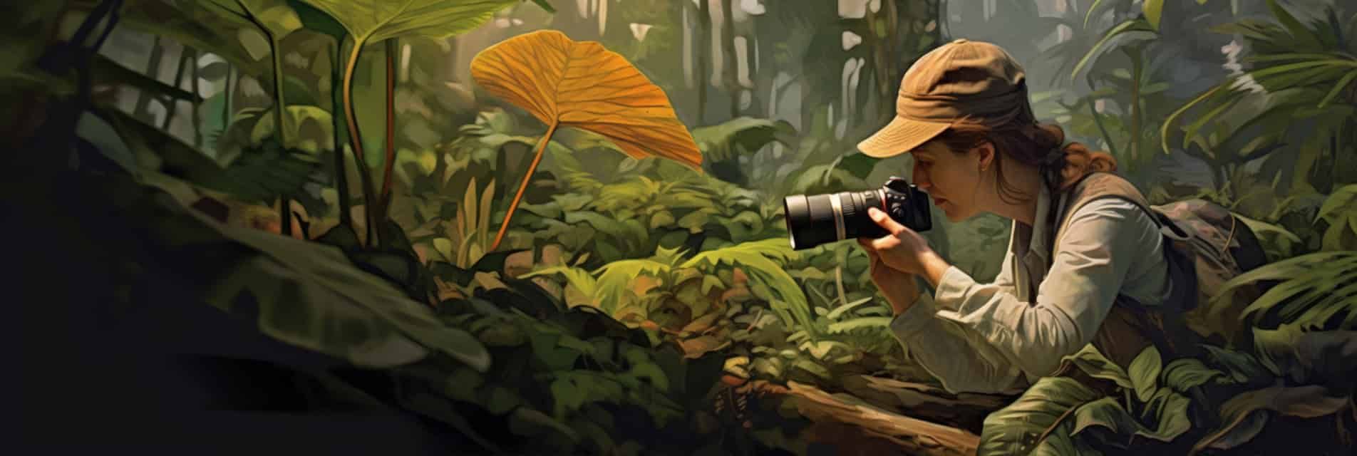 A digital painting of a botanist photographing a plant.
