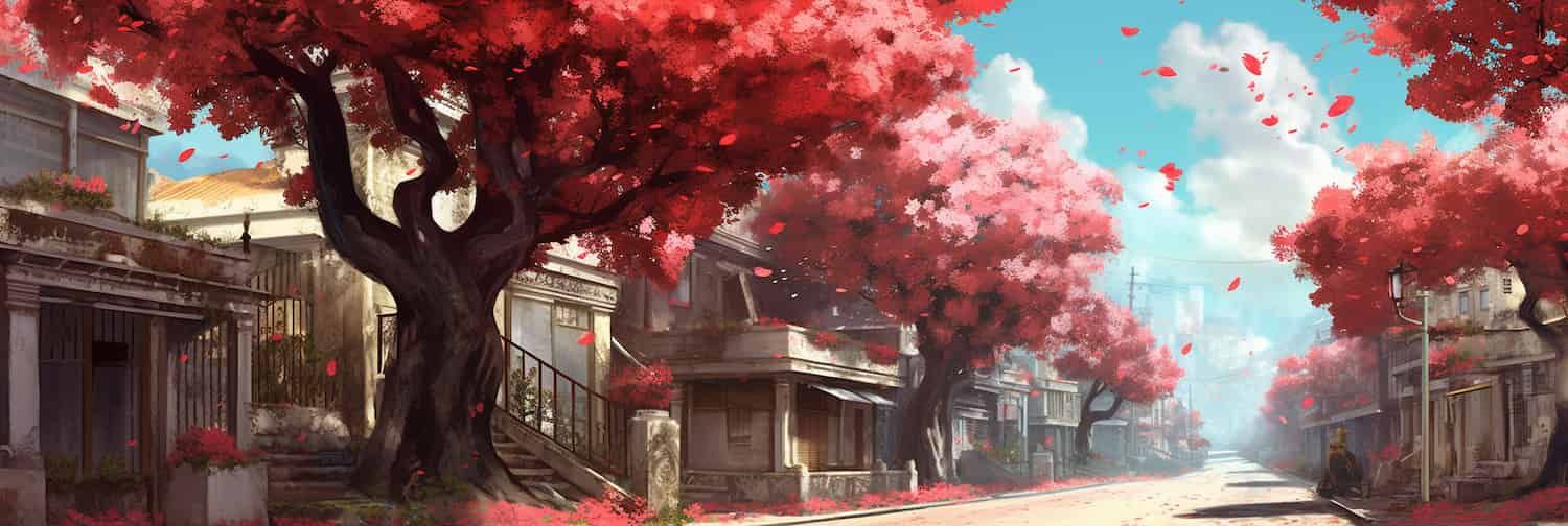 Digital Bombax trees line a computer generated street.