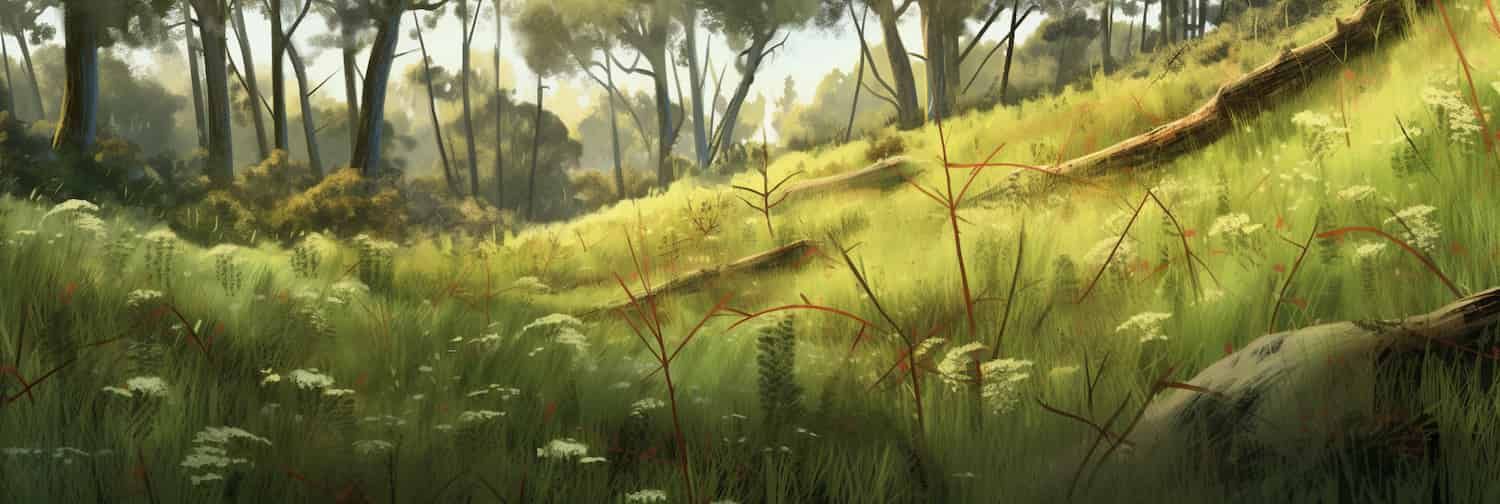 Digital oatgrass in a computer-generated oak forest.