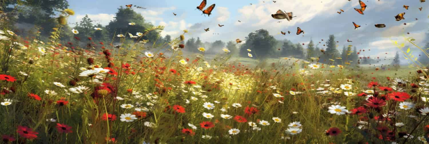 Los polinizadores generados por computadora vuelan sobre un campo digital.