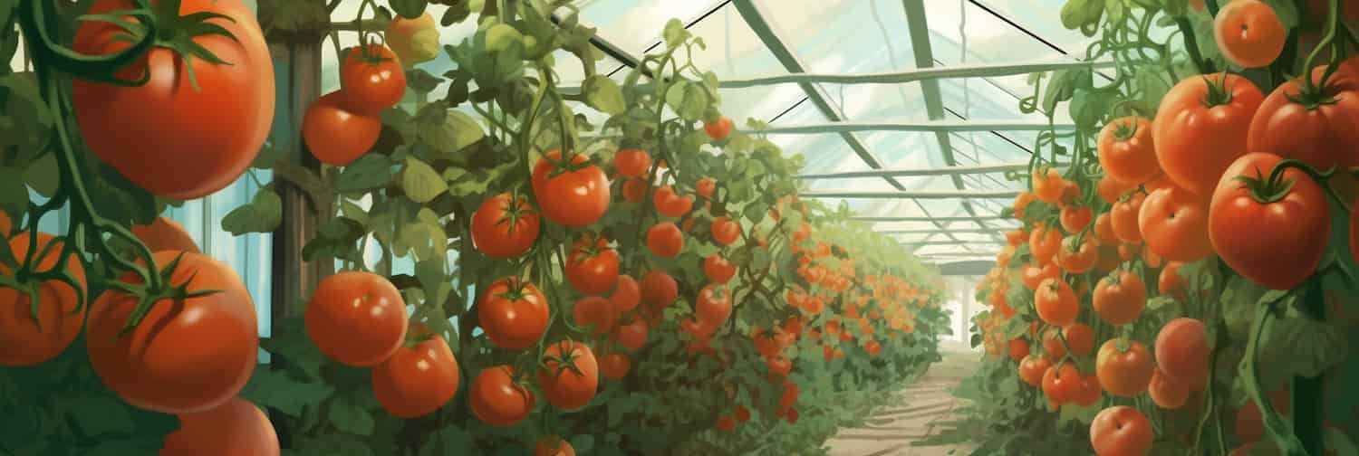 Electronic tomatoes growing in a computer-generated greenhouse.