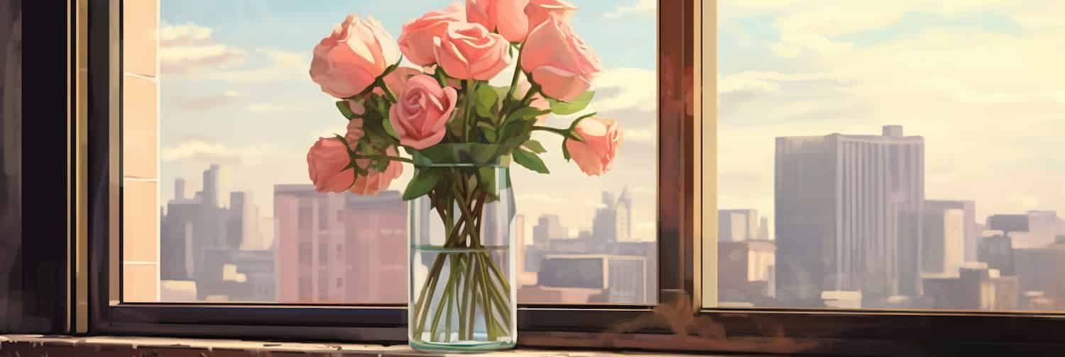 Computer-generated roses sit in front of a digital window.