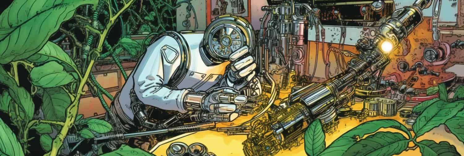 A computer-generated robot in the style of 1960s pulp scifi creates a leaf.