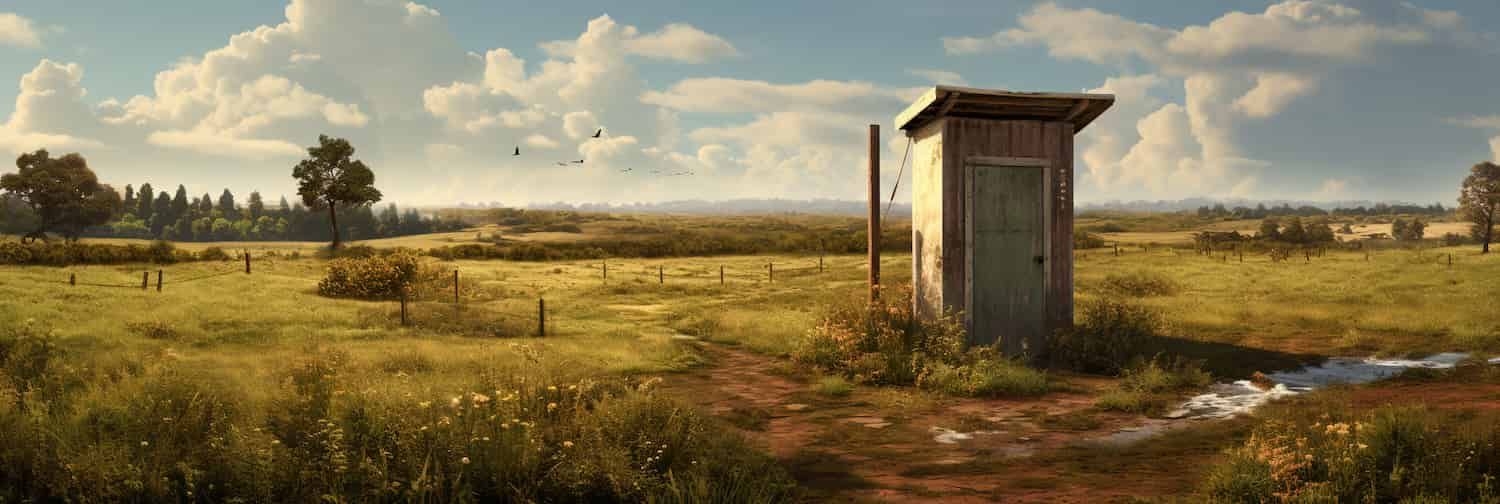 A digital lavatory in the middle of computer generated field.