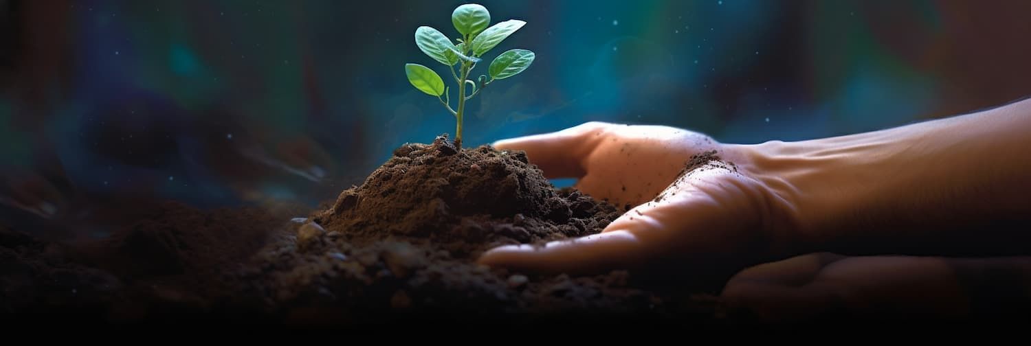 A computer-generated hand holds electronic soil and a digital seedling.