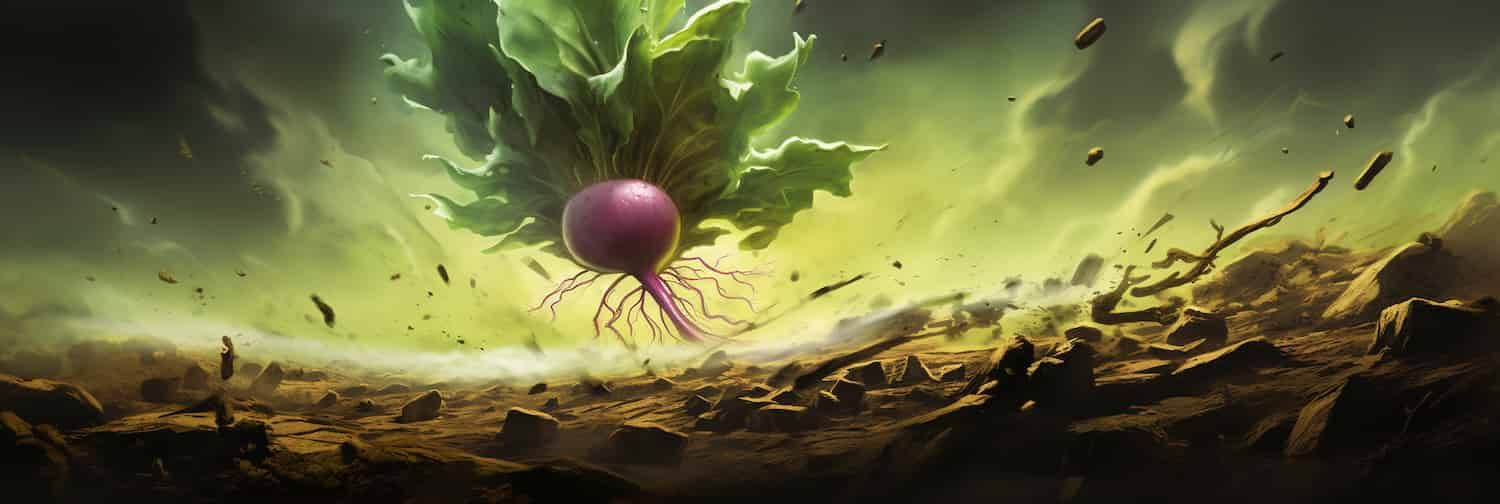 Digital radish flying over a computer-generated uranium landscape.