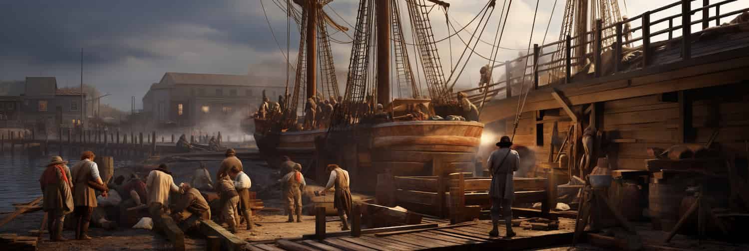 A digital sailing ship is unloaded at a computer generated port.