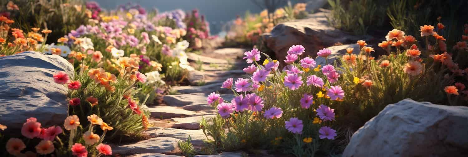 Digital flowers on the edge of a computer generated flower bed.