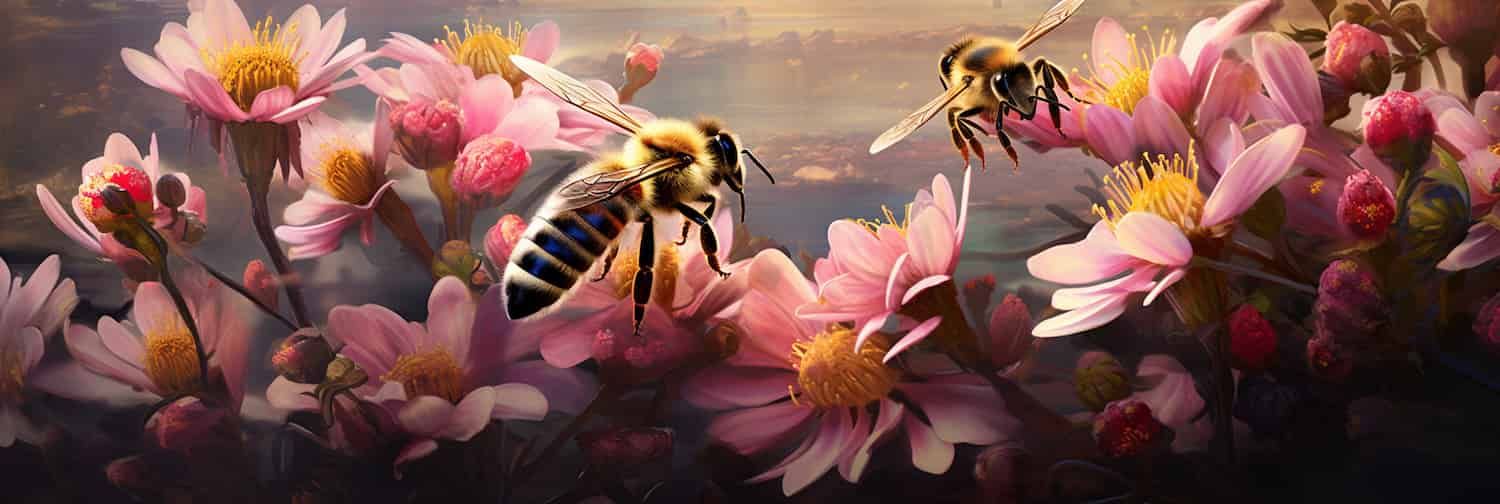 Computer-generated pollinators visit digital plants.