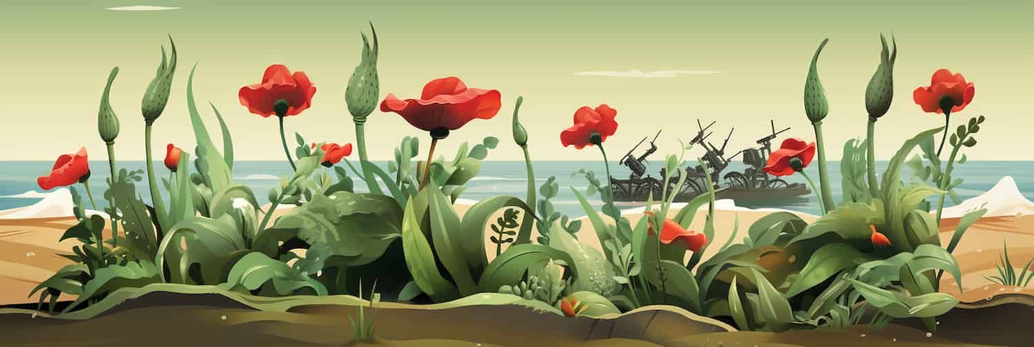 Computer-generated plants storming a digital beach.