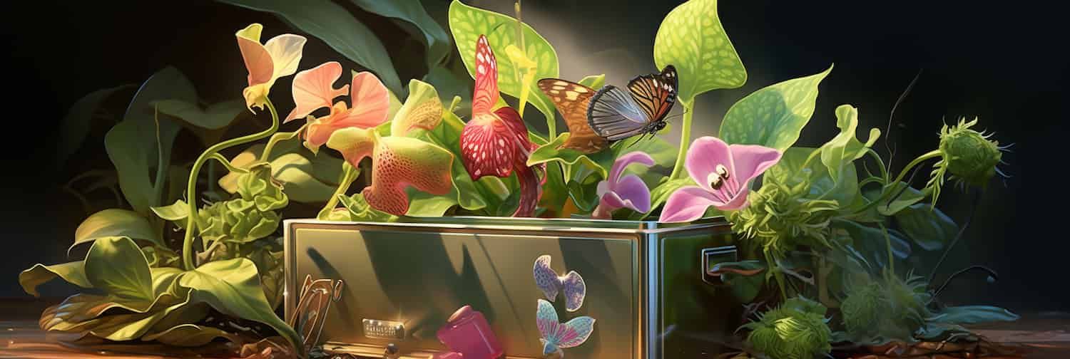 Computer-generated botanical novelties escaping from a digital box