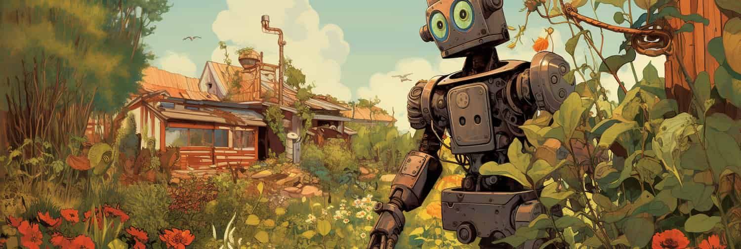 A digital robot ignores a computer-generated card, in the style of a 1950s pulp scifi comic.