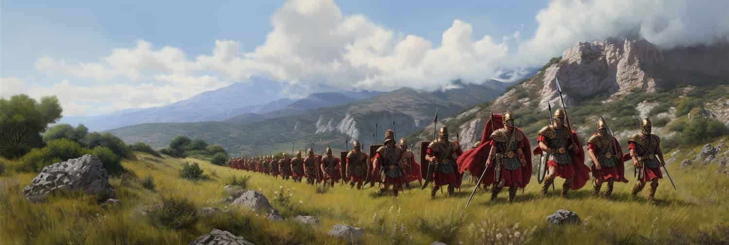 A digital Roman Army marches through computer generated mountains.