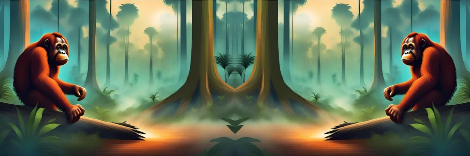 Two mirrored computer generated orangutans stare sadly at deforestation in a digital forest.