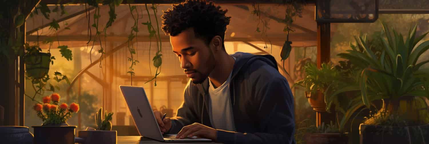 A computer-generated young gentleman blogs about plants in a post-Twitter world