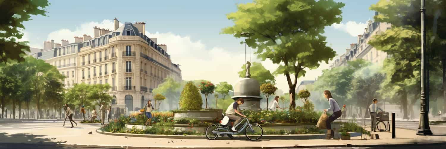 Computer generated trees on a digital French roundabout